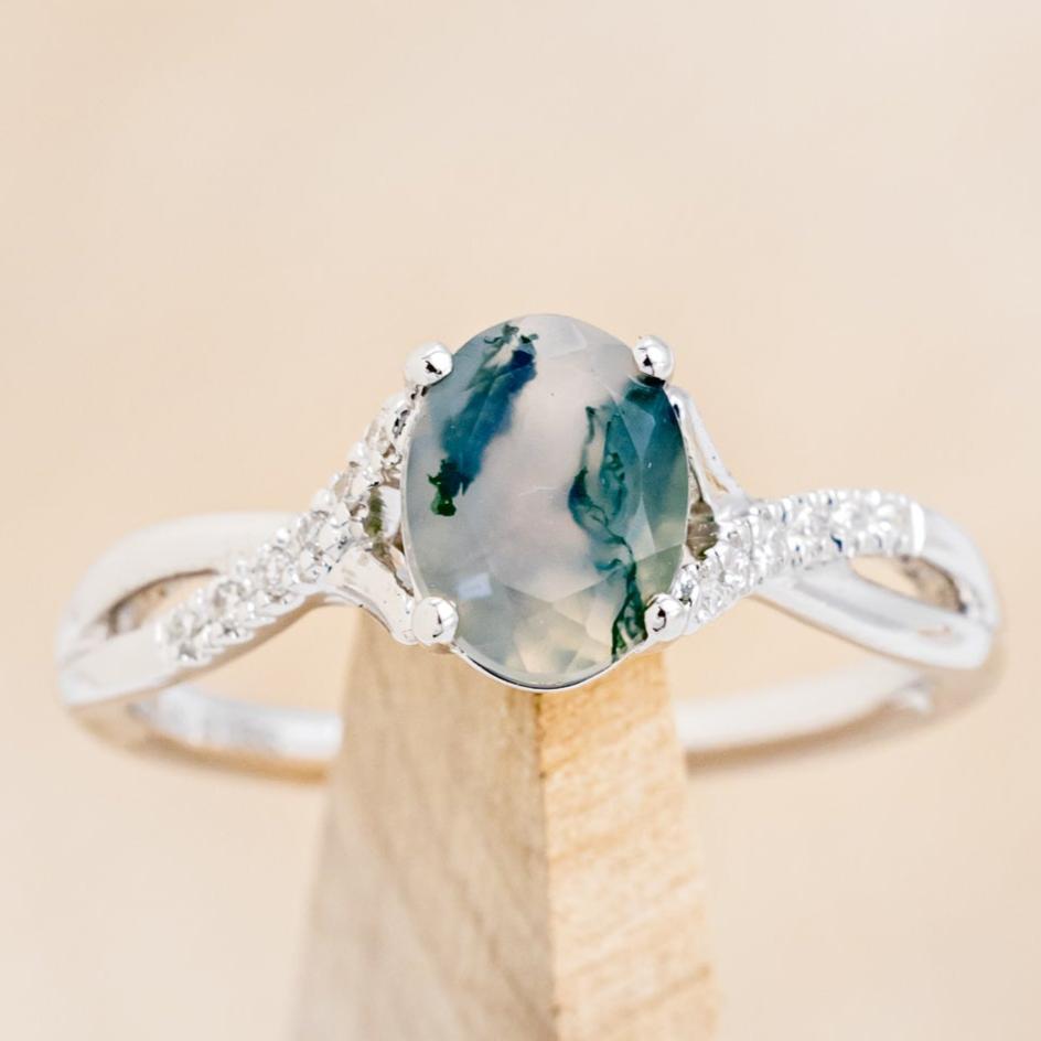 "Roslyn" - Oval Cut Moss Agate Engagement Ring With Diamond Accents