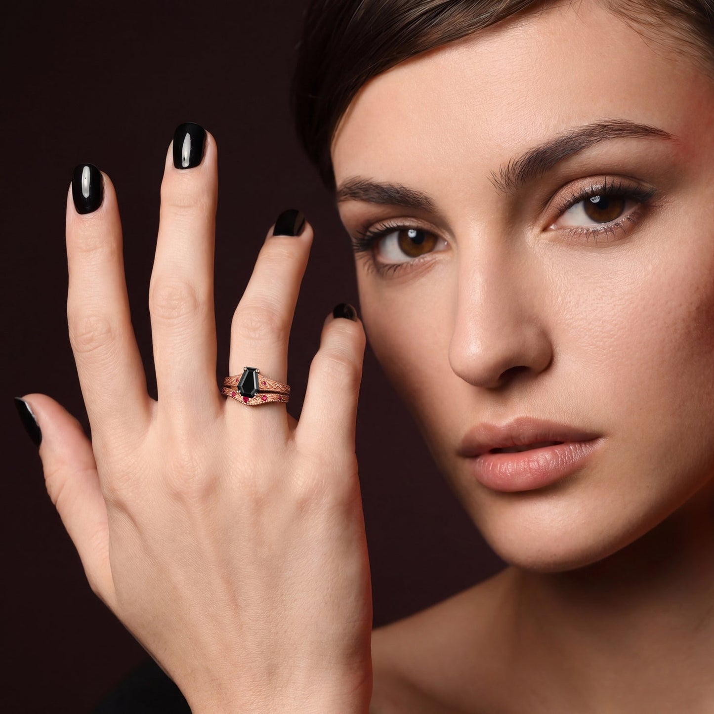 Nature Inspired Coffin Cut Black Moissanite 'Thorns & Roses' Filigrees Engagement Ring Set 2pcs