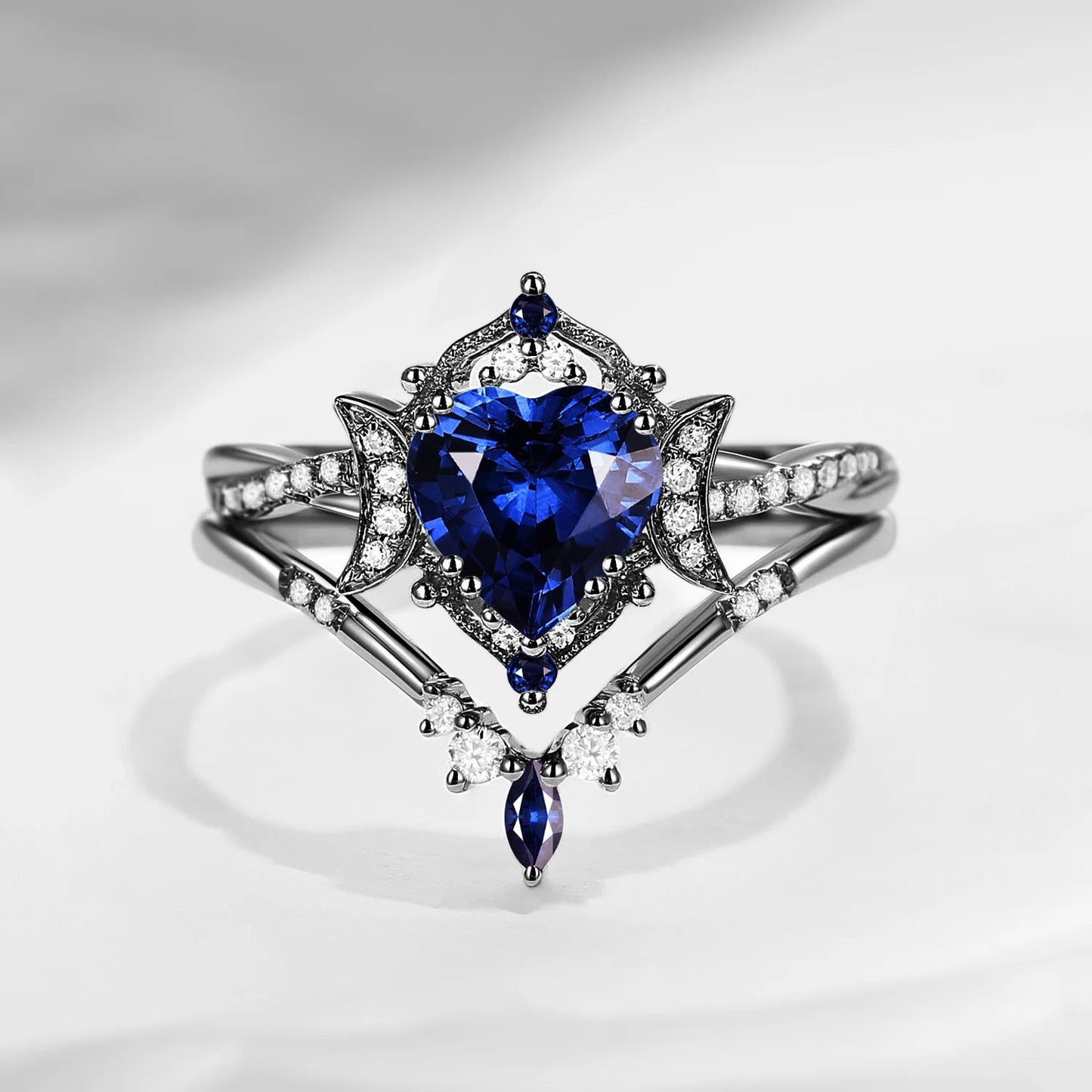 Crescent Moon | Heart Shaped Natural Sapphire Infinity Engagement Ring Set 2pcs - Alexandria