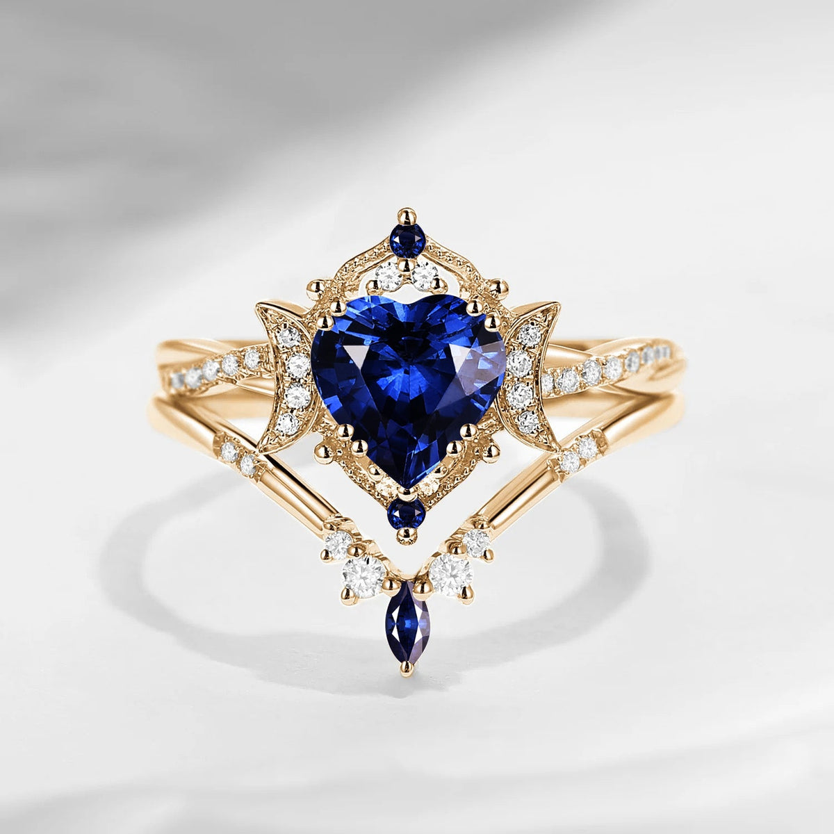 Crescent Moon | Heart Shaped Natural Sapphire Infinity Engagement Ring Set 2pcs - Alexandria