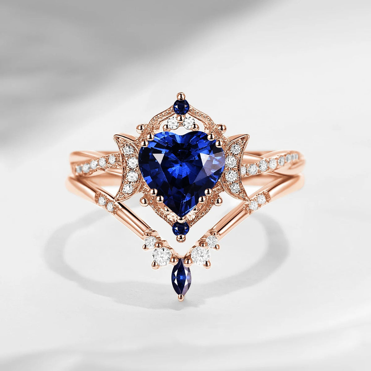 Crescent Moon | Heart Shaped Natural Sapphire Infinity Engagement Ring Set 2pcs - Alexandria