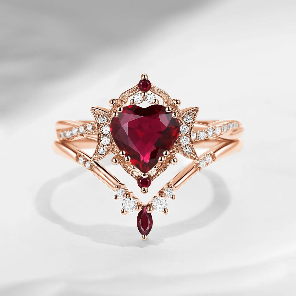 Crescent Moon | Heart Shaped Natural Ruby Infinity Engagement Ring Set 2pcs - Alexandria