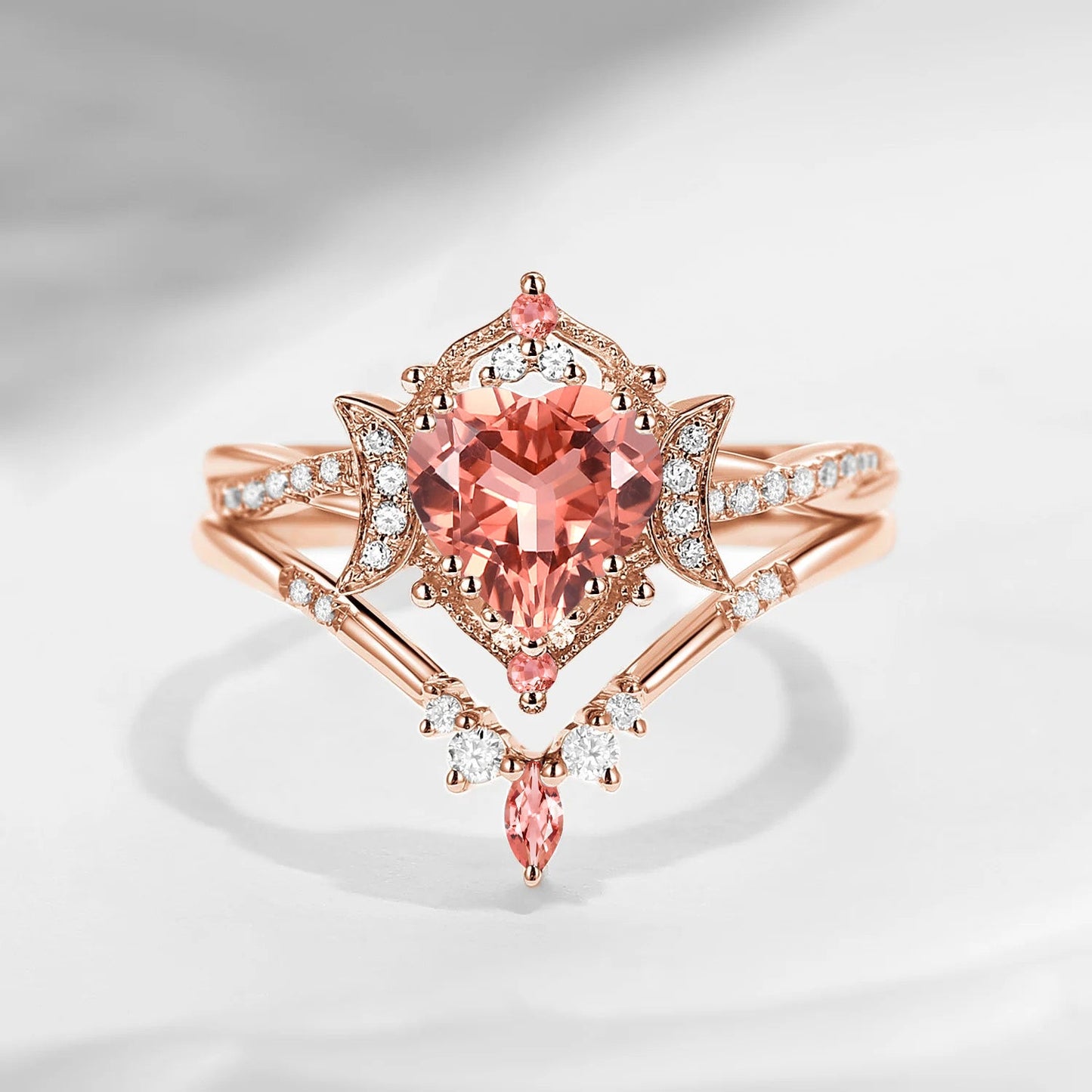 Crescent Moon | Heart Shaped Natural Orange Pink Tourmaline Engagement Ring Set 2pcs - Alexandria