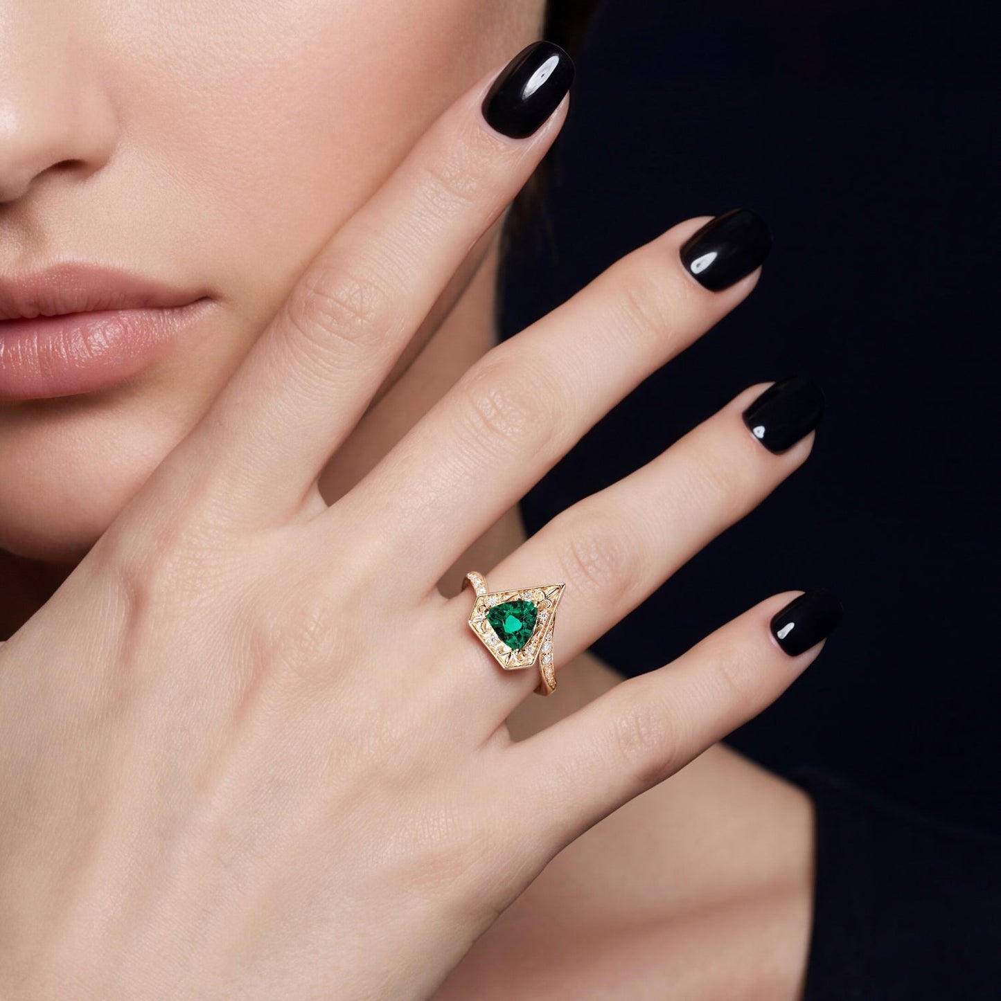Triangle Cut Lab Emerald 'Fallen Aegis' Vintage Inspired Filigree Gold Engagement Ring