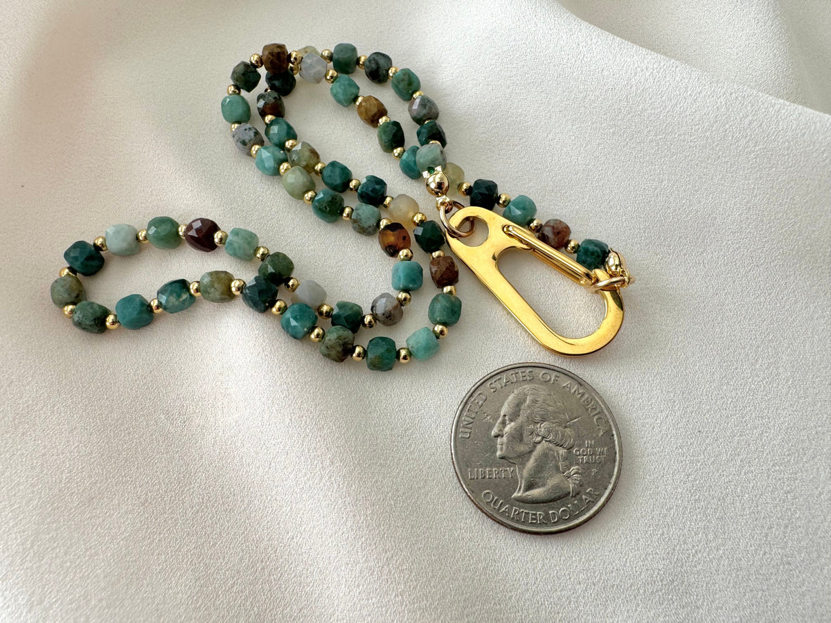 Genuine Moss Agate Beaded Necklace with Large Gold Carabiner Charm Clasp