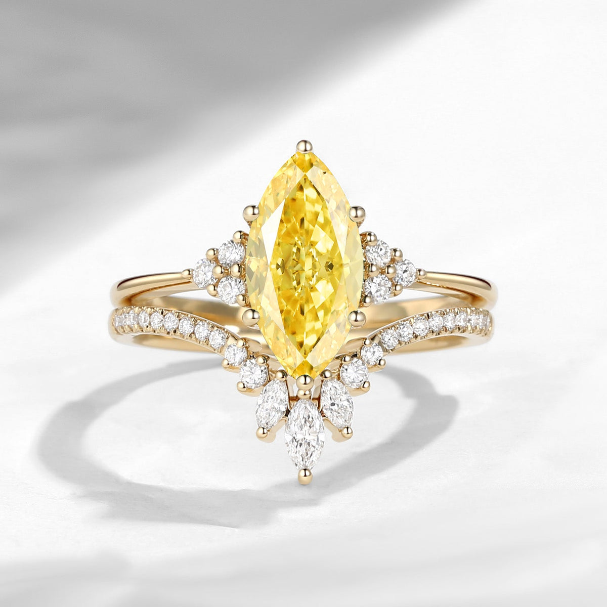 Classic Style Marquise Cut Lab Yellow Diamond Cluster Engagement Ring Set 2pcs