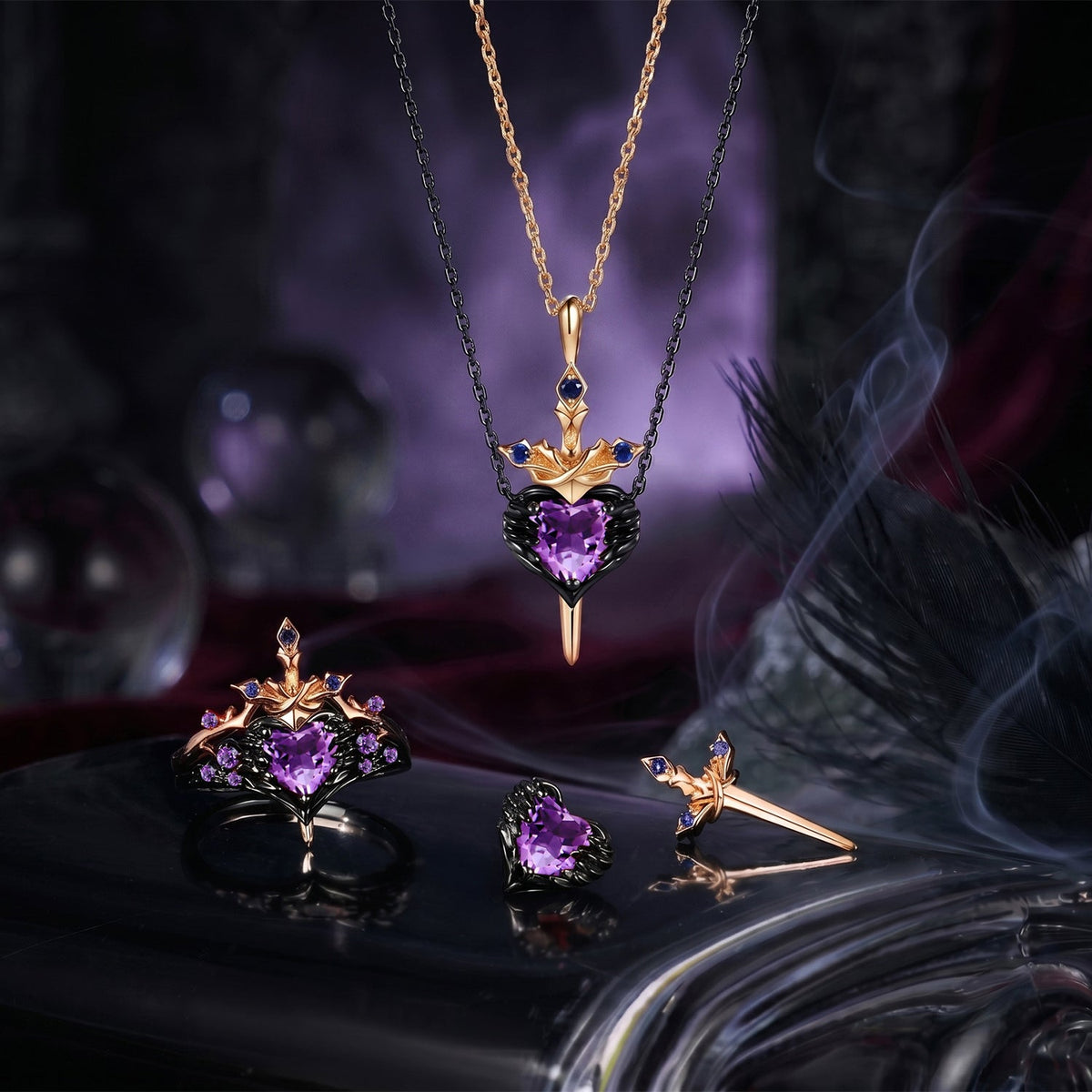 'Pierced Heart' - Gothic Inspired Natural Amethyst Heart Sword Ring Two-Tone Bridal Set