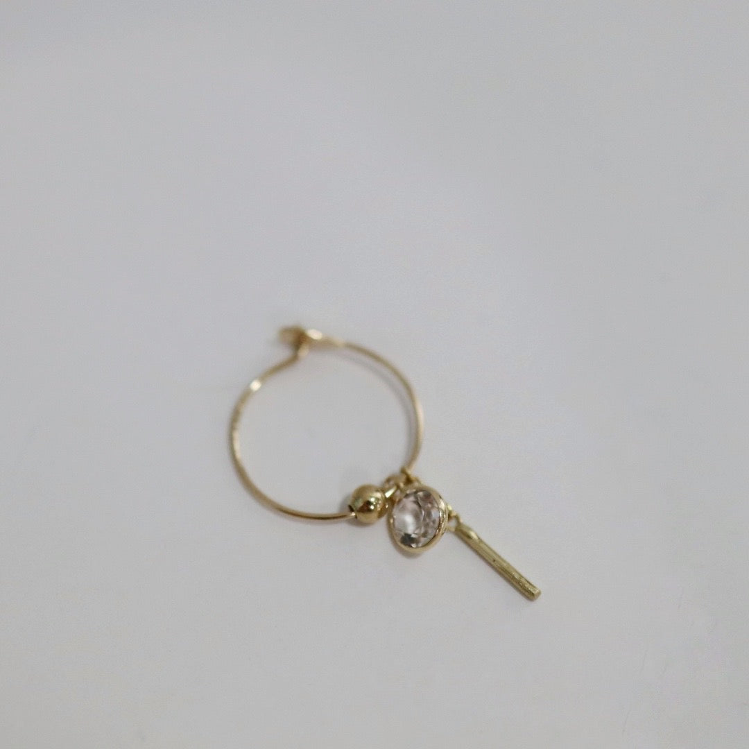 White Topaz and Bar Dangle Hoop Earring in 14 karat Yellow Gold / SINGLE EARRING / READY TO SHIP