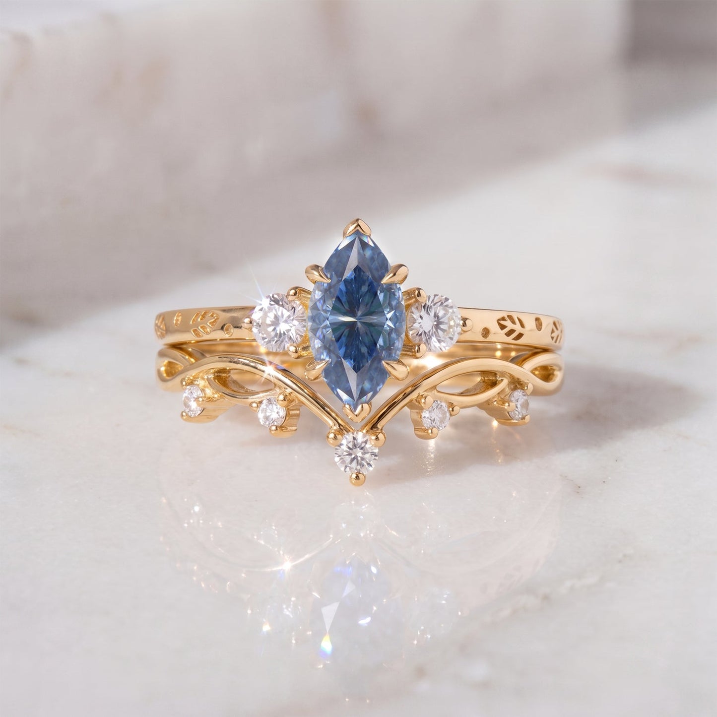 Luminous Reverie - Marquise Blue Moissanite Leaf Engraved Engagement Ring Sets 2pcs - Rune