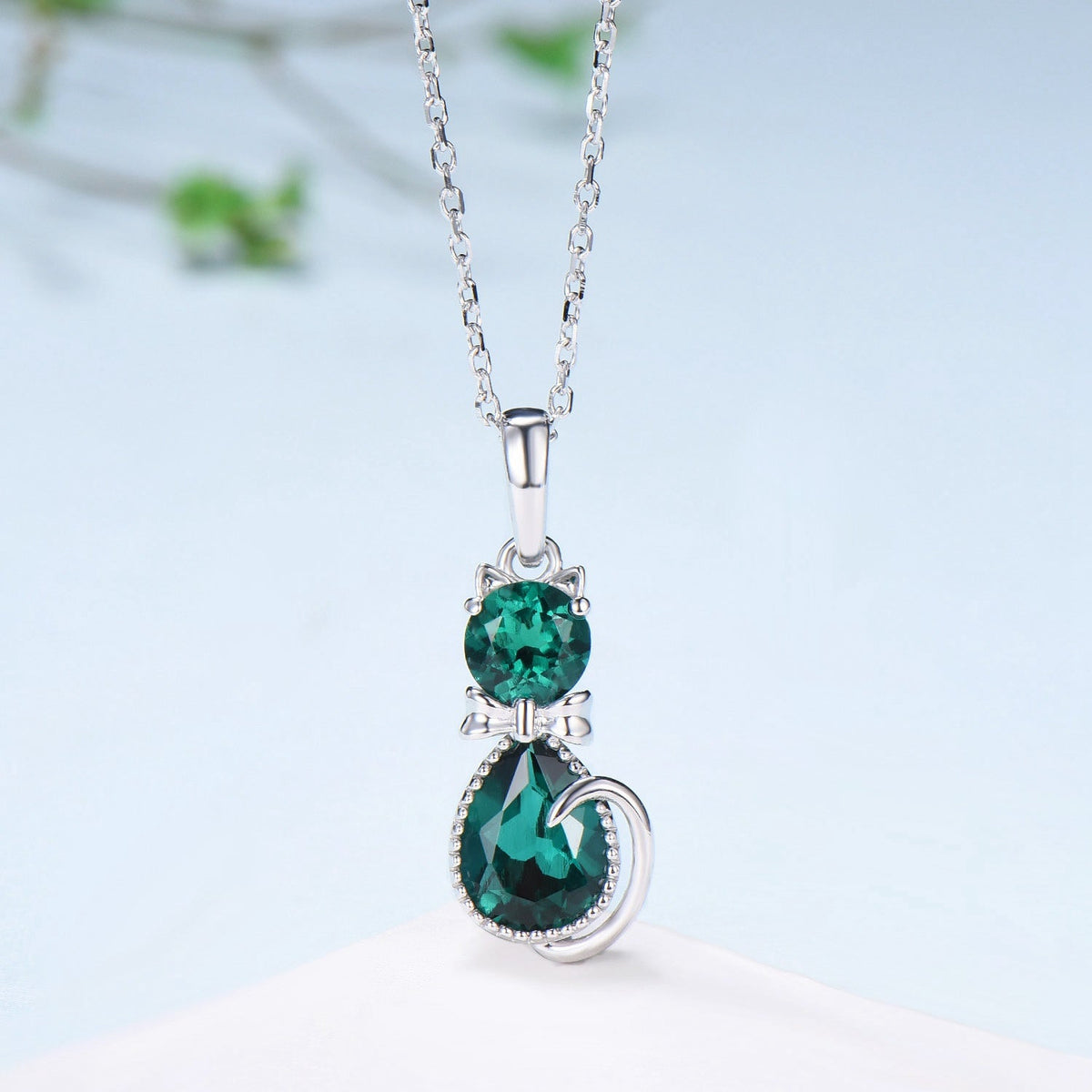 Dainty cat emerald pendant necklace, cute silver white gold Bow necklace unique personalized gift, Cat's Paw anniversary gift for daughter