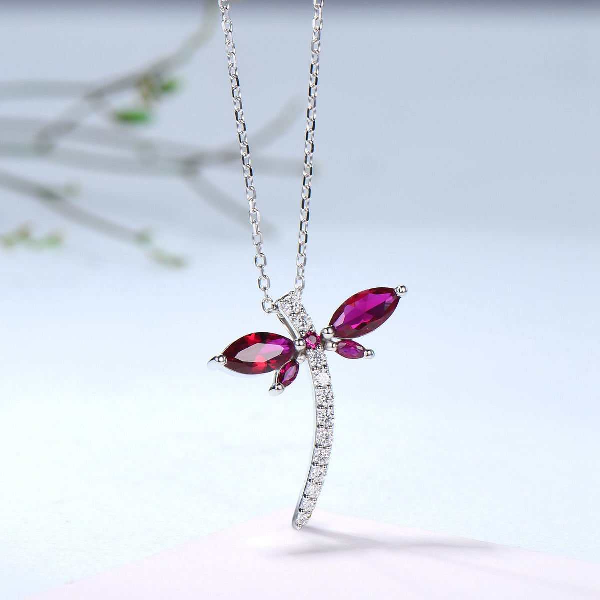 Vintage dragonfly necklace Unique lab red ruby necklace pendant cute silver 14k rose gold July birthstone pendant handmade proposal gifts