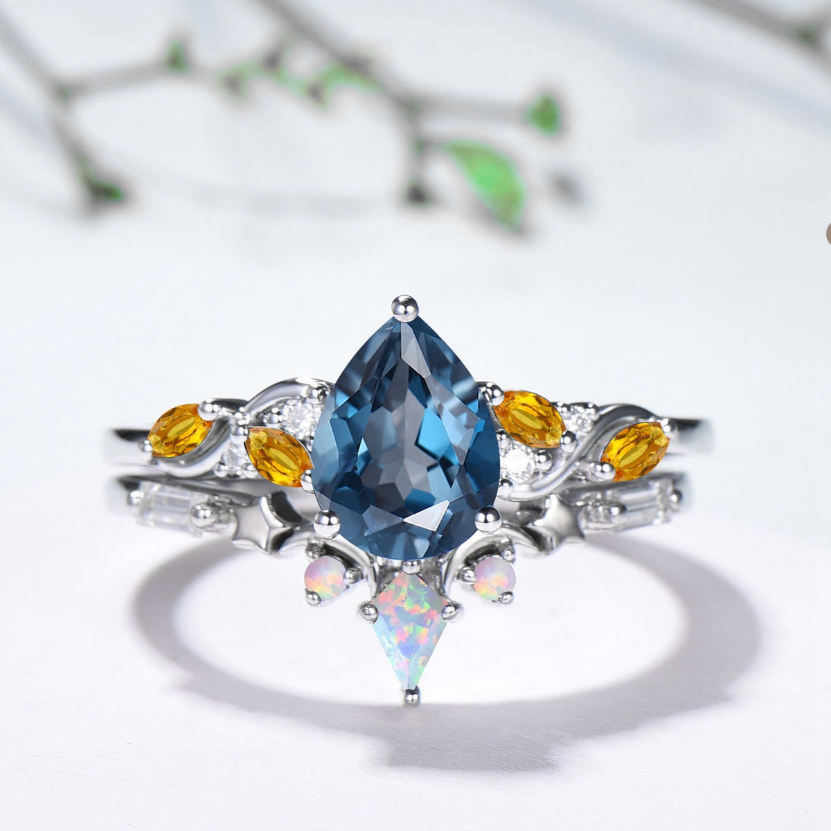 Pear Shaped London Blue Topaz & Citrine Engagement Ring, Opal Kite Accent, 14K Gold Colorful Galaxy Ring, Unique Gift Her