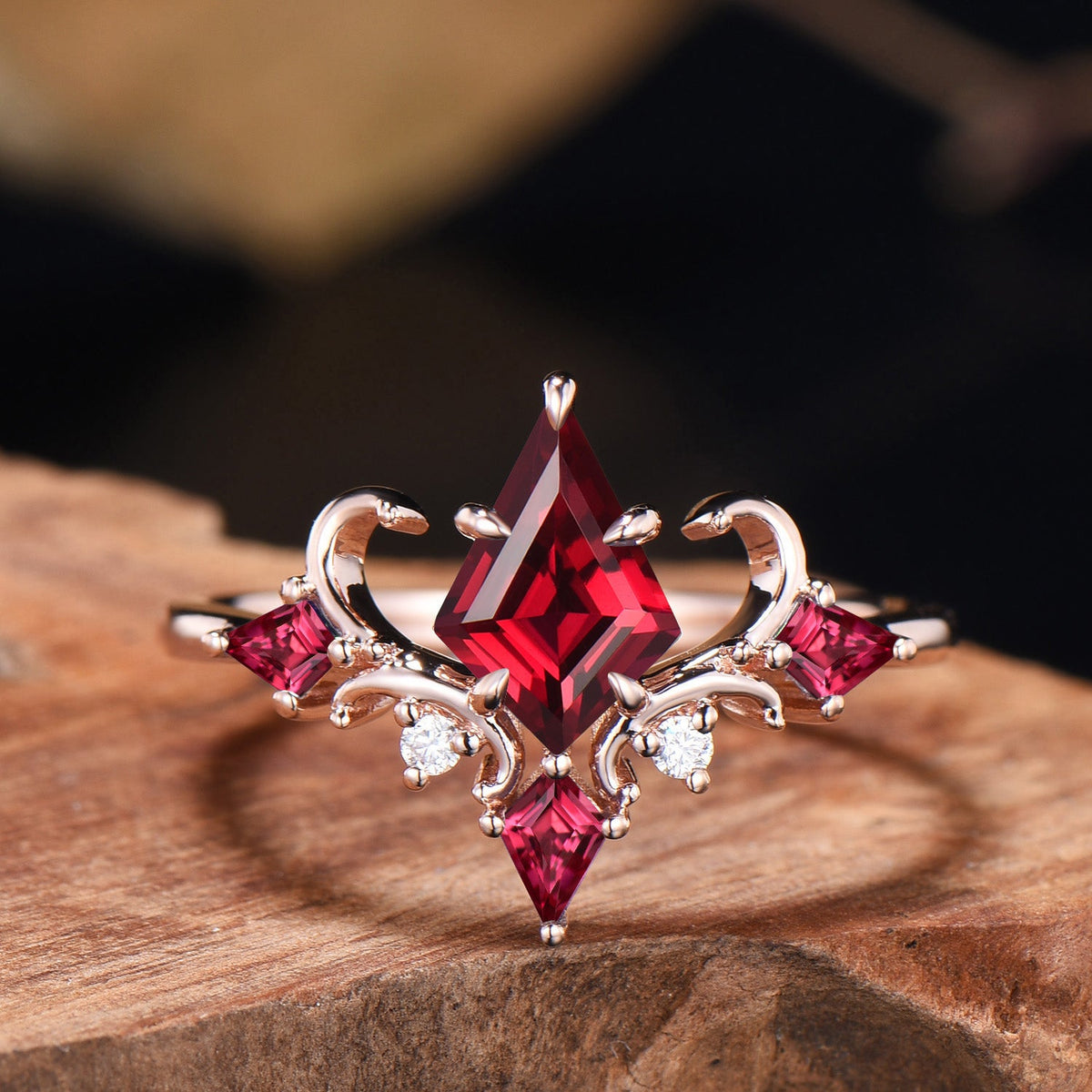 Unique Kite Cut Ruby Engagement Ring Rose Gold Four Max