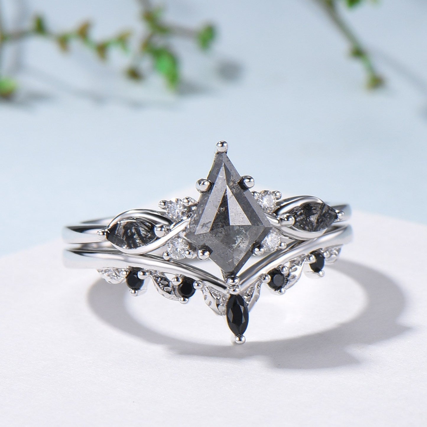 Vintage kite cut salt and pepper diamond ring set natural pepper engagement ring black rutilated quartz bridal wedding set anniversary gift