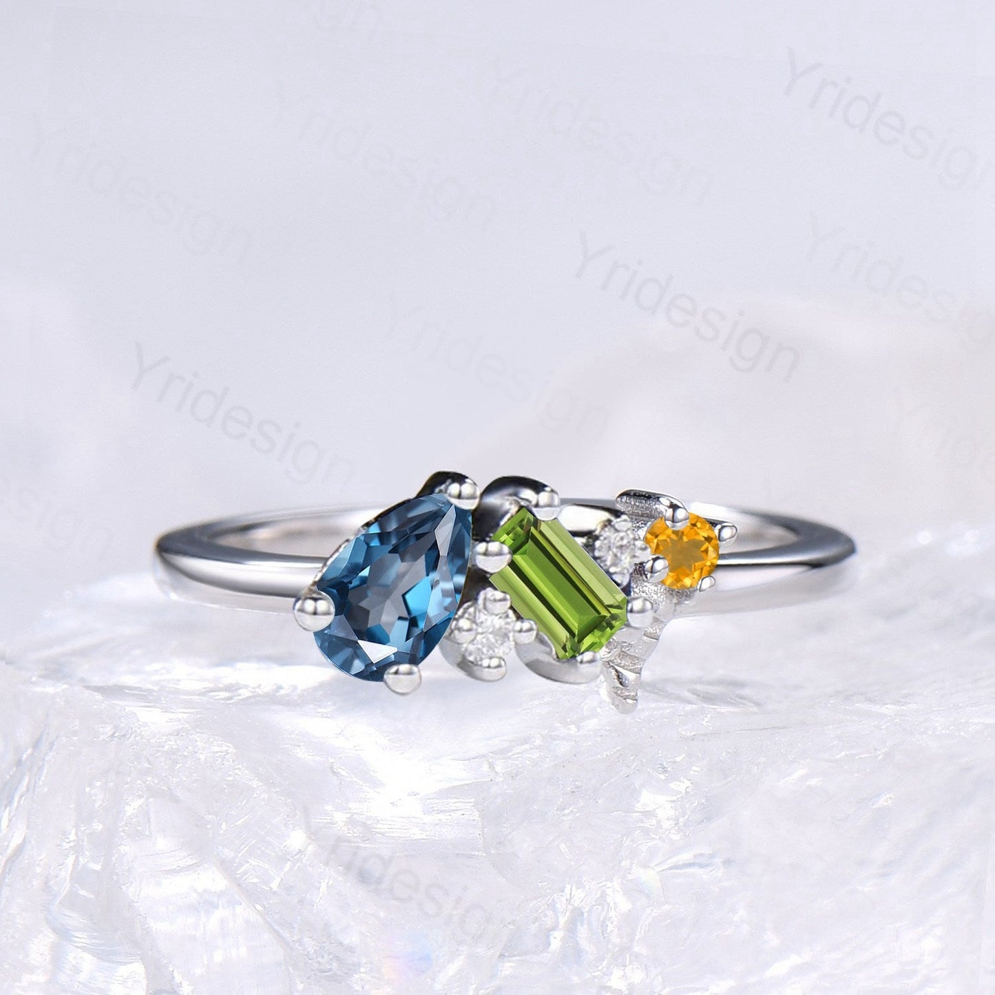 Asymmetrical London Blue Topaz, Peridot & Citrine Cluster Ring