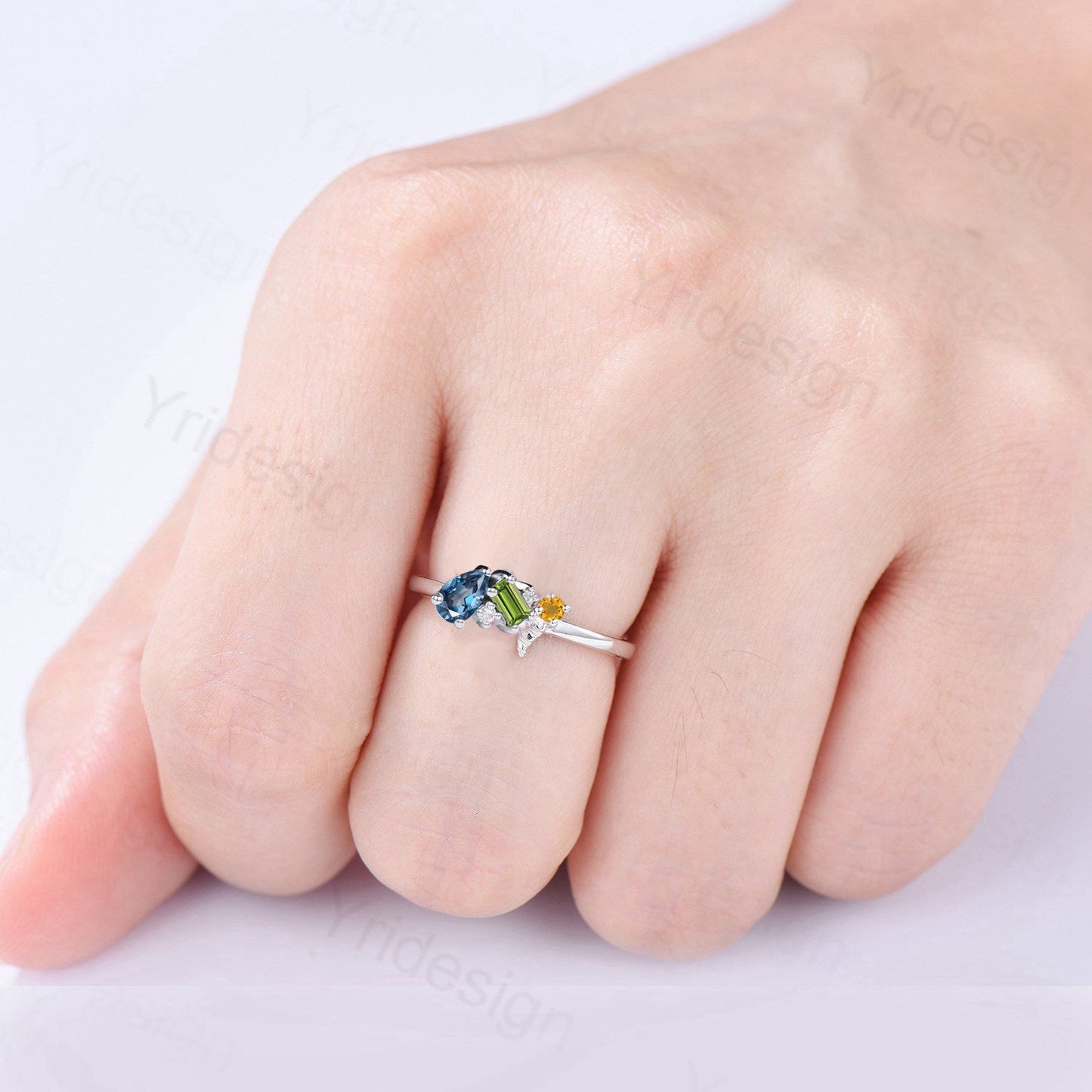 Asymmetrical London Blue Topaz, Peridot & Citrine Cluster Ring