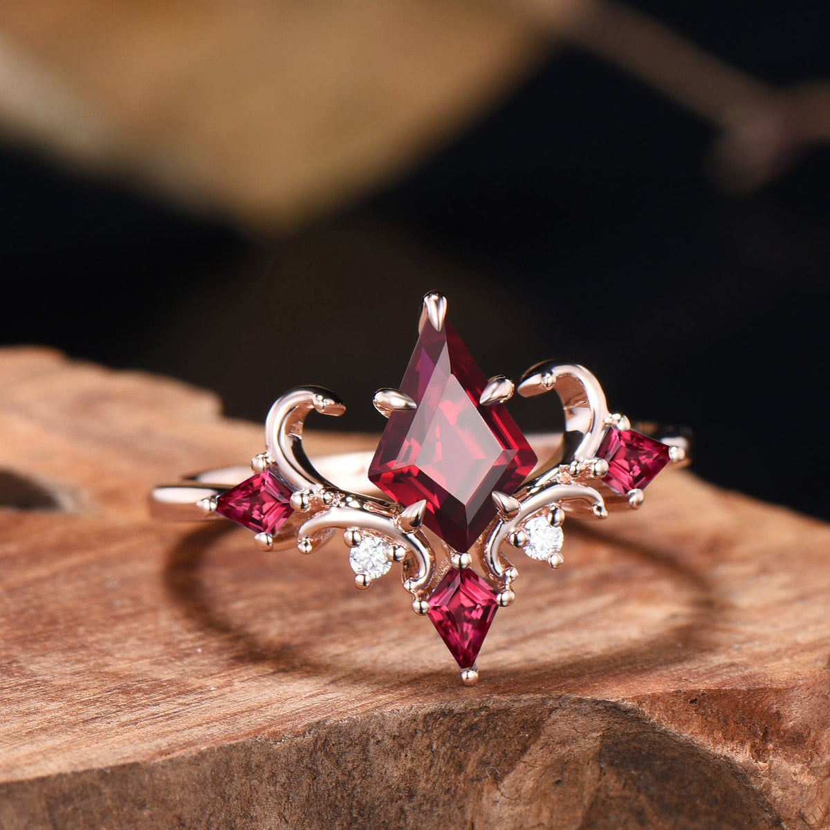 Unique Kite Cut Ruby Engagement Ring Rose Gold Four Max