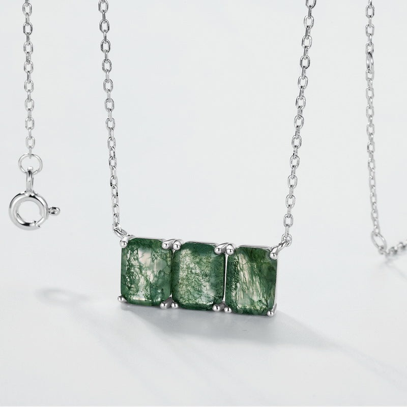 Three Stone Emerald-Cut Triple Natural Moss Agate Bar Necklace