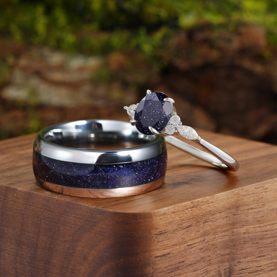 Custom Order - Exquisite Oval Blue Sandstone Accents Engagement Couples Ring Set His And Hers Wedding Bands Marriage Rings