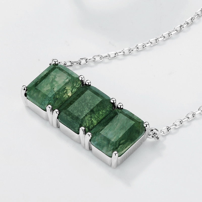 Three Stone Emerald-Cut Triple Natural Moss Agate Bar Necklace