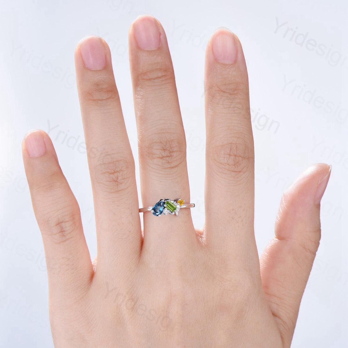 Asymmetrical London Blue Topaz, Peridot & Citrine Cluster Ring