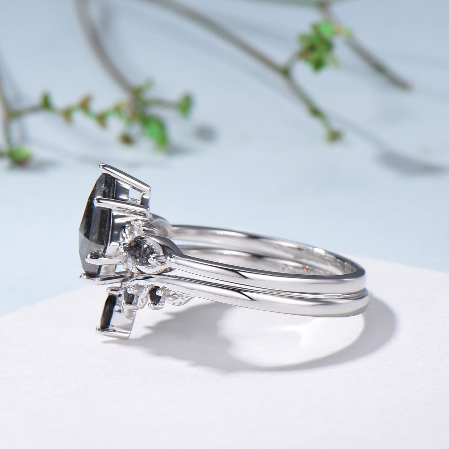 Vintage kite cut salt and pepper diamond ring set natural pepper engagement ring black rutilated quartz bridal wedding set anniversary gift