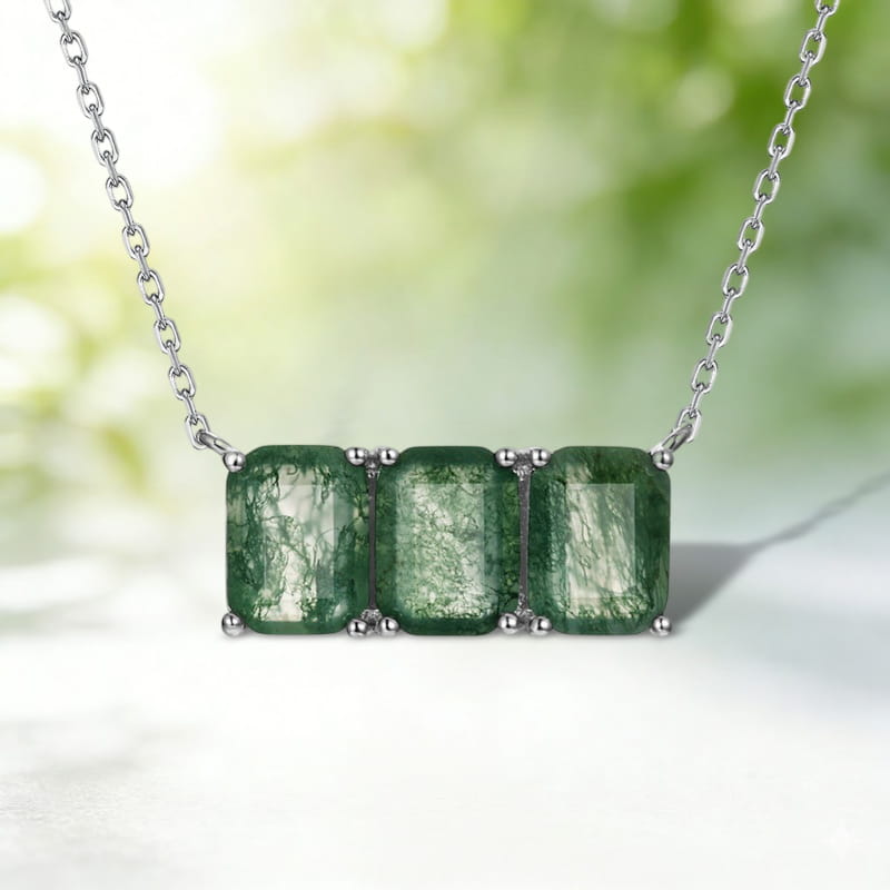 Three Stone Emerald-Cut Triple Natural Moss Agate Bar Necklace