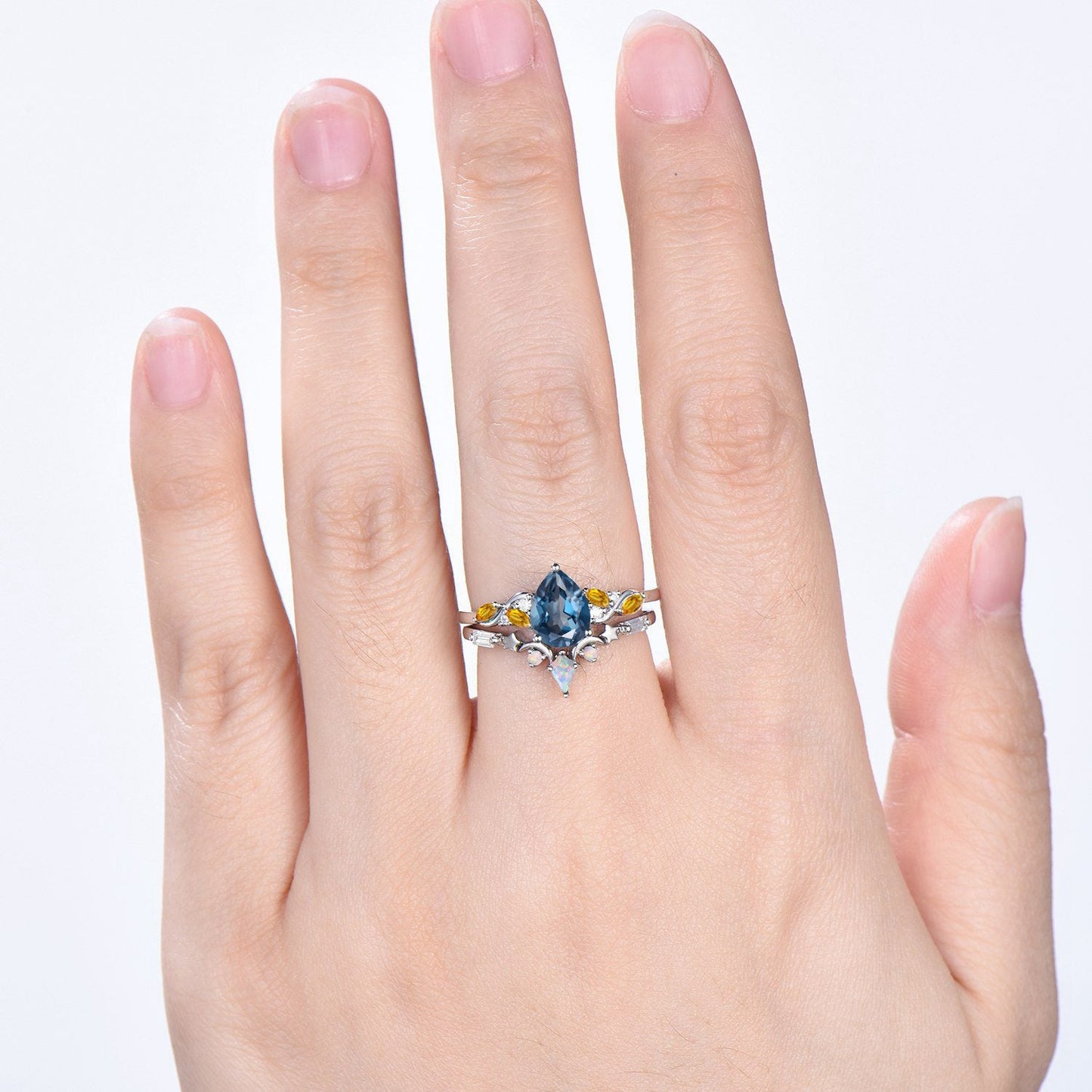 Pear Shaped London Blue Topaz & Citrine Engagement Ring, Opal Kite Accent, 14K Gold Colorful Galaxy Ring, Unique Gift Her