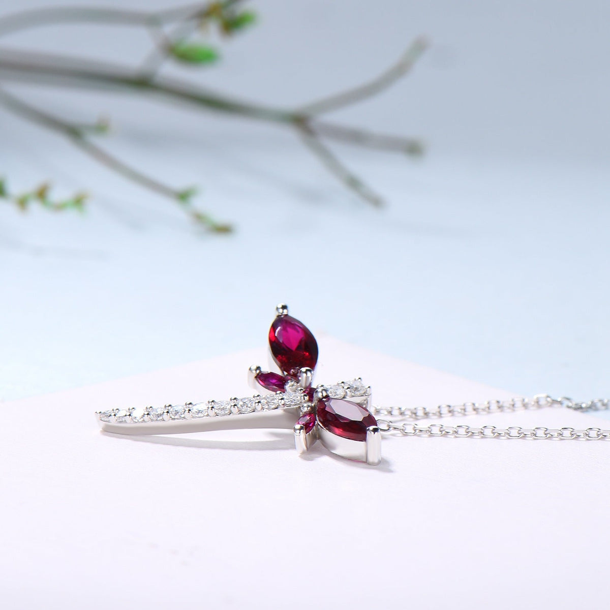 Vintage dragonfly necklace Unique lab red ruby necklace pendant cute silver 14k rose gold July birthstone pendant handmade proposal gifts