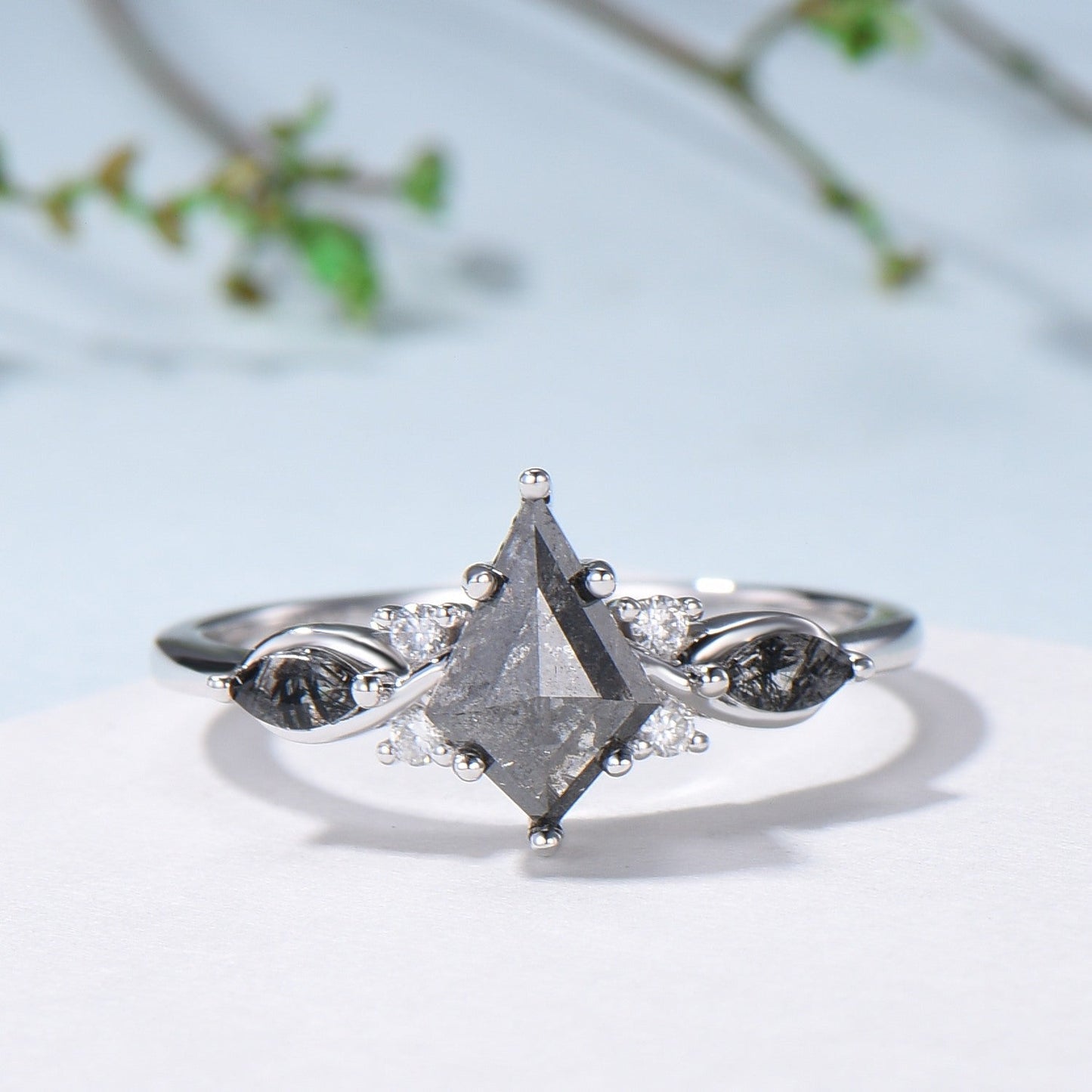 Vintage kite cut salt and pepper diamond ring set natural pepper engagement ring black rutilated quartz bridal wedding set anniversary gift