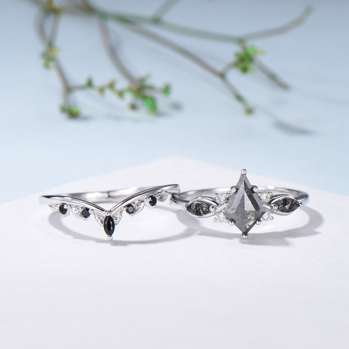Vintage kite cut salt and pepper diamond ring set natural pepper engagement ring black rutilated quartz bridal wedding set anniversary gift