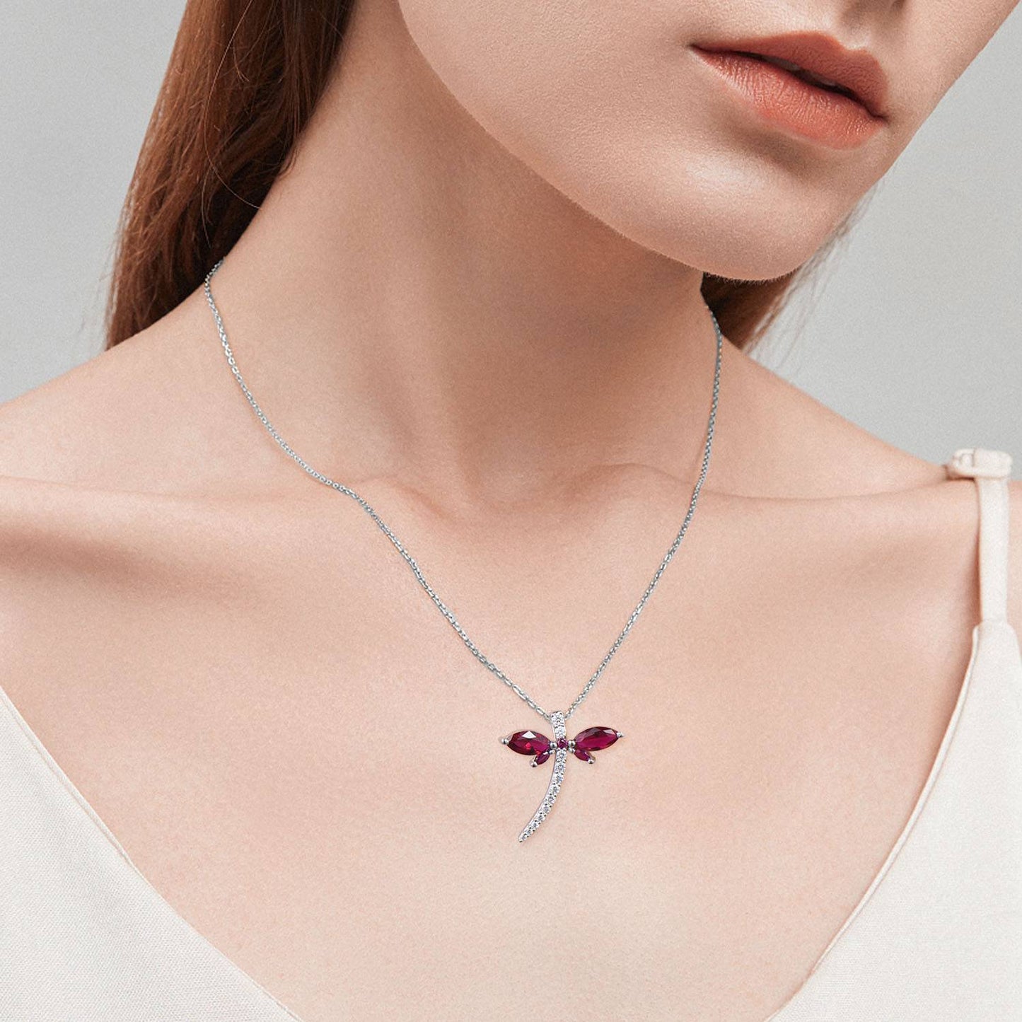 Vintage dragonfly necklace Unique lab red ruby necklace pendant cute silver 14k rose gold July birthstone pendant handmade proposal gifts