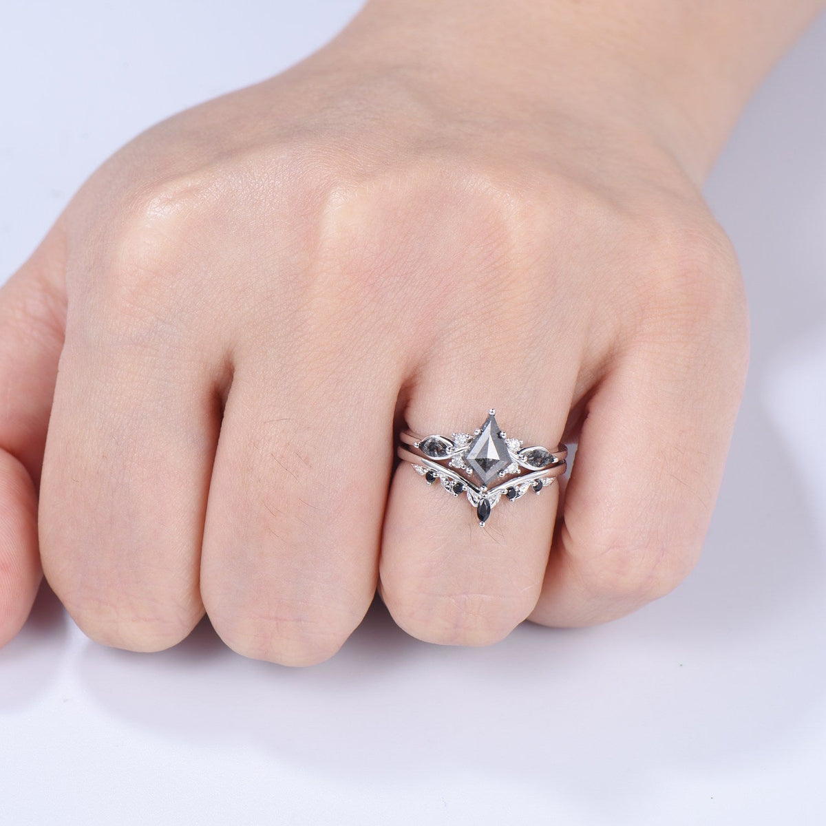 Vintage kite cut salt and pepper diamond ring set natural pepper engagement ring black rutilated quartz bridal wedding set anniversary gift