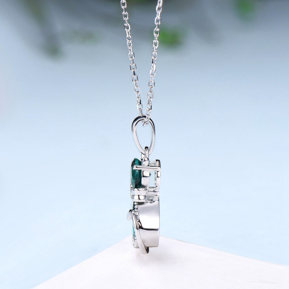 Dainty cat emerald pendant necklace, cute silver white gold Bow necklace unique personalized gift, Cat's Paw anniversary gift for daughter