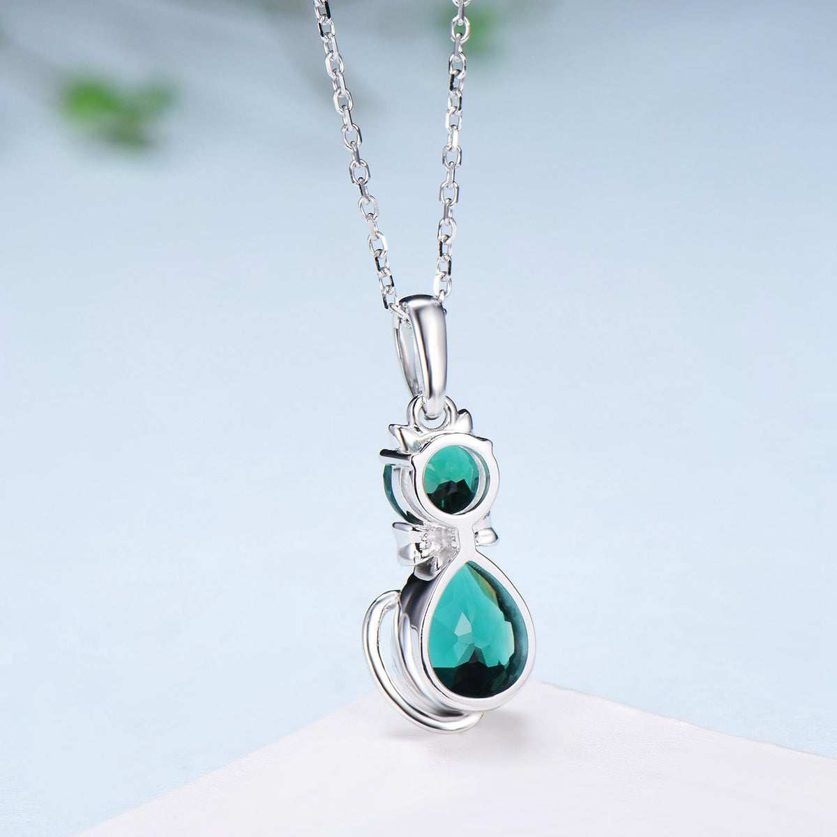 Dainty cat emerald pendant necklace, cute silver white gold Bow necklace unique personalized gift, Cat's Paw anniversary gift for daughter