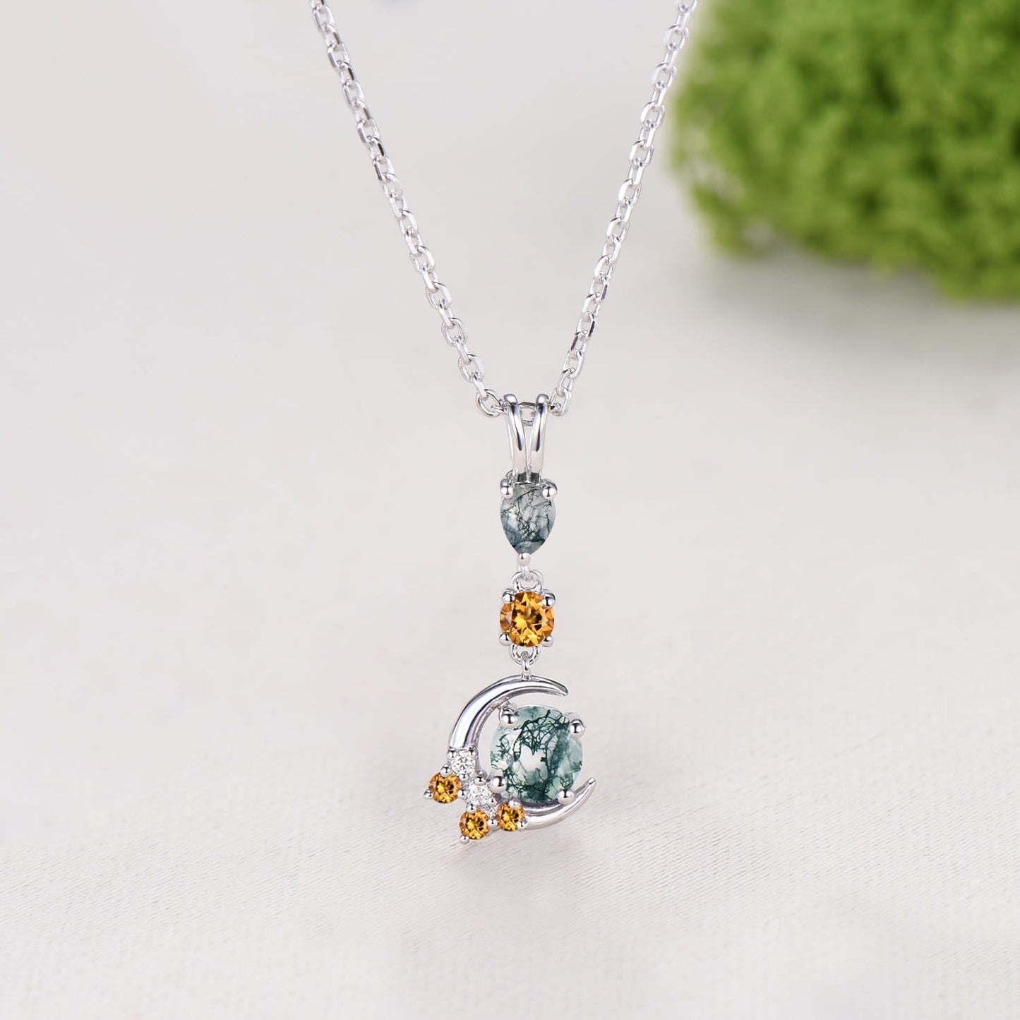 Delicate Round Cut Moss Agate Necklace Moon pendant 14k white gold Cluster citrine Moissanite Necklace Dainty Opal Necklace Proposal gifts