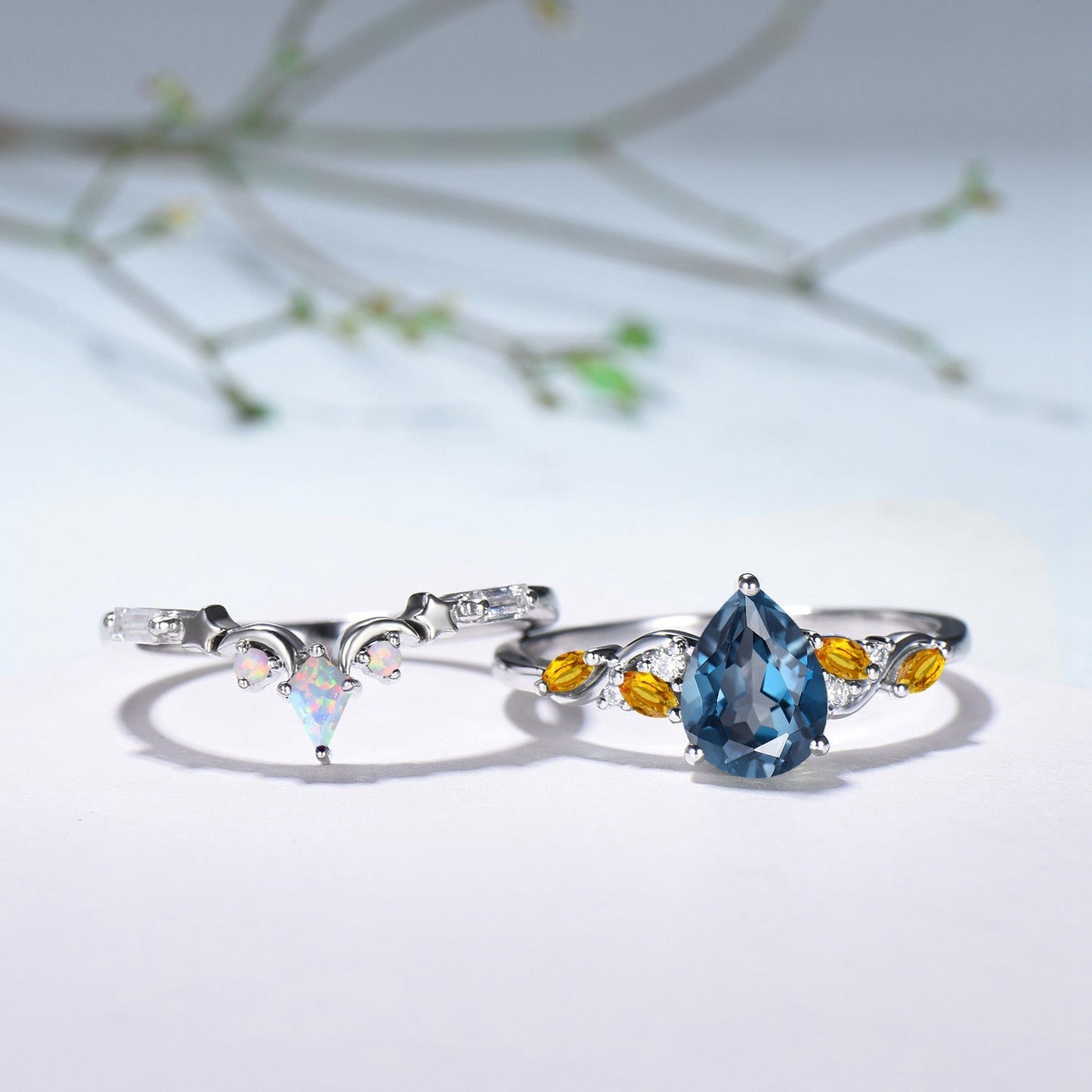 Pear Shaped London Blue Topaz & Citrine Engagement Ring, Opal Kite Accent, 14K Gold Colorful Galaxy Ring, Unique Gift Her