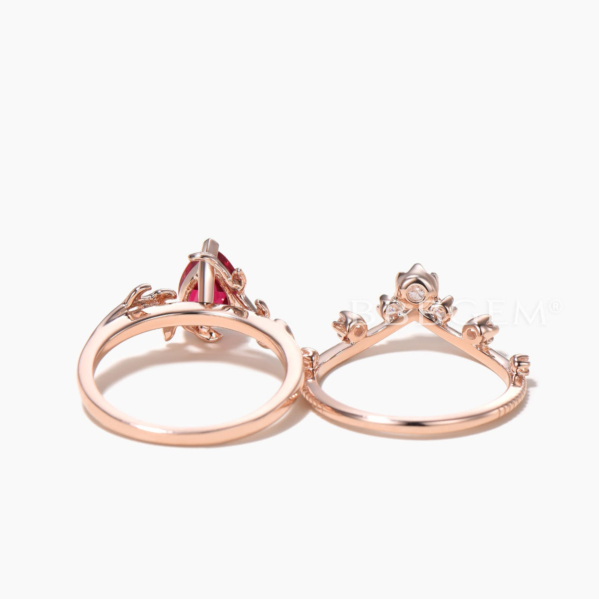 Pear Cut Ruby Solitaire Wedding Ring Moissanite Band Nature Inspire Ring Set