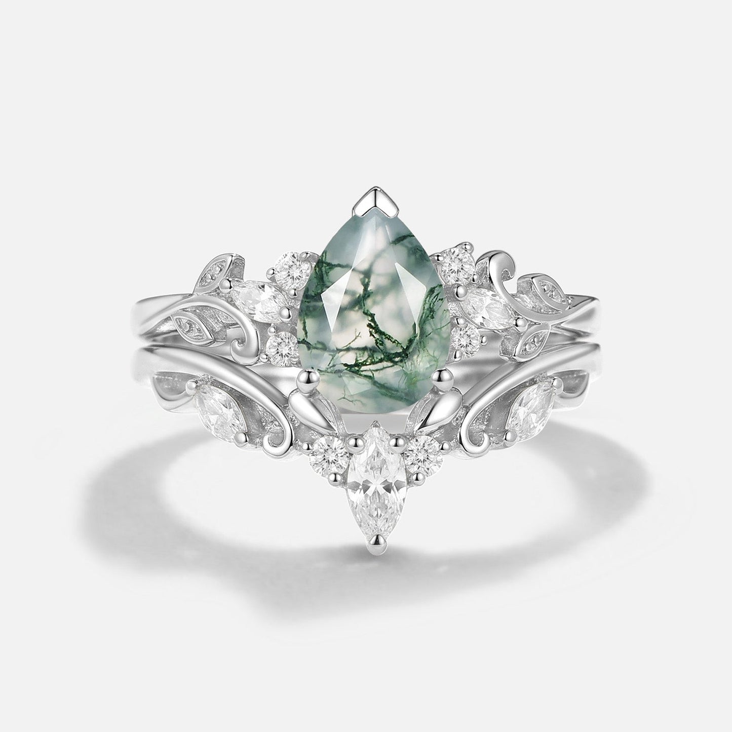Pear Cut Moss Agate Engagement Ring Set 2pcs - Senna