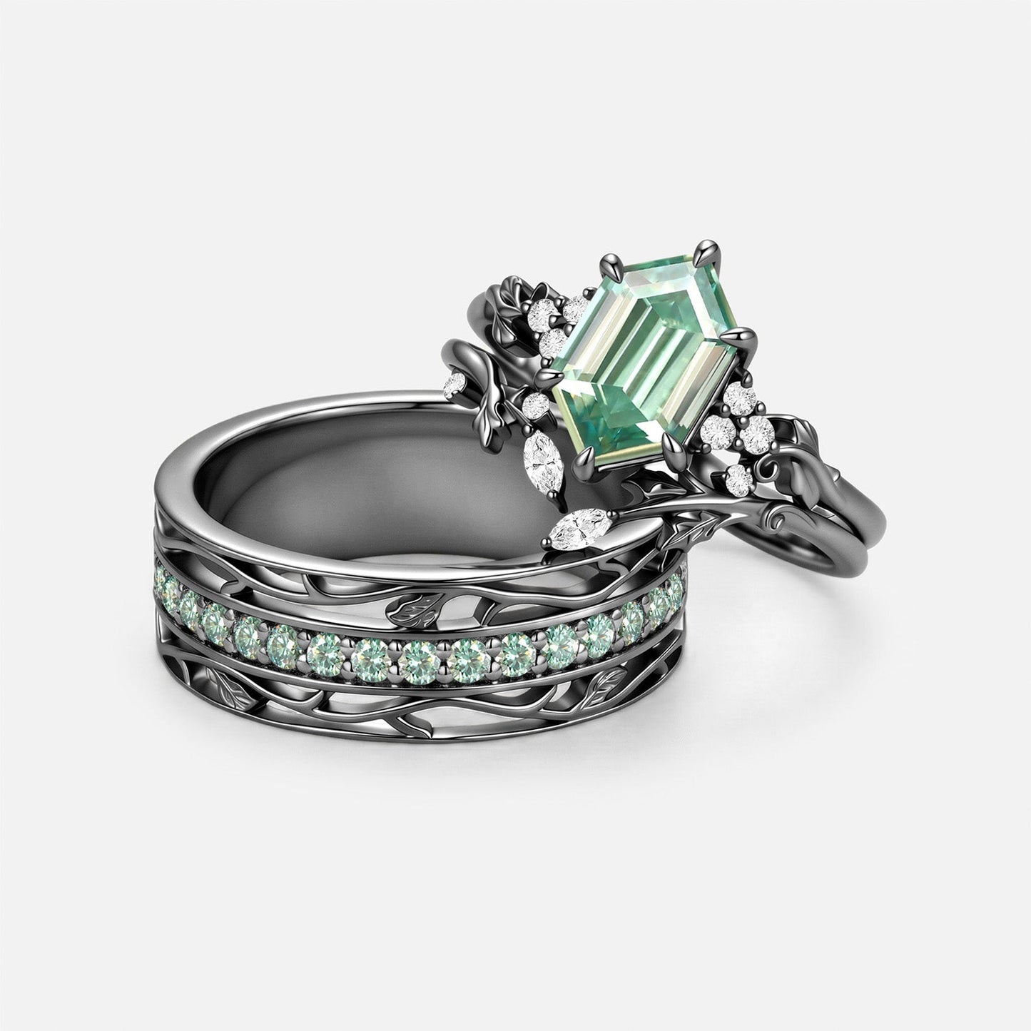 Luminous Reverie - Elongated Hexagon Green Moissanite Leaf Engraved Couple Ring Set 3pcs- Persephone