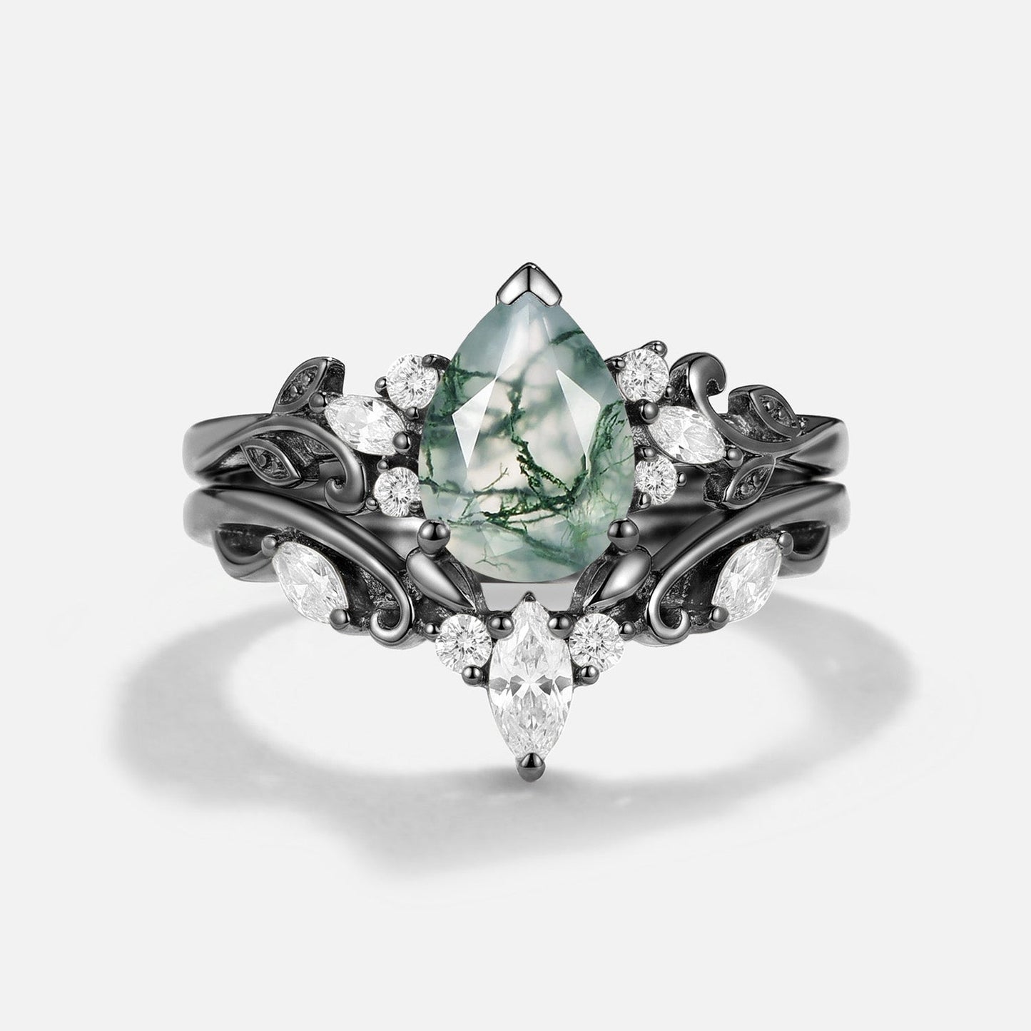 Pear Cut Moss Agate Engagement Ring Set 2pcs - Senna