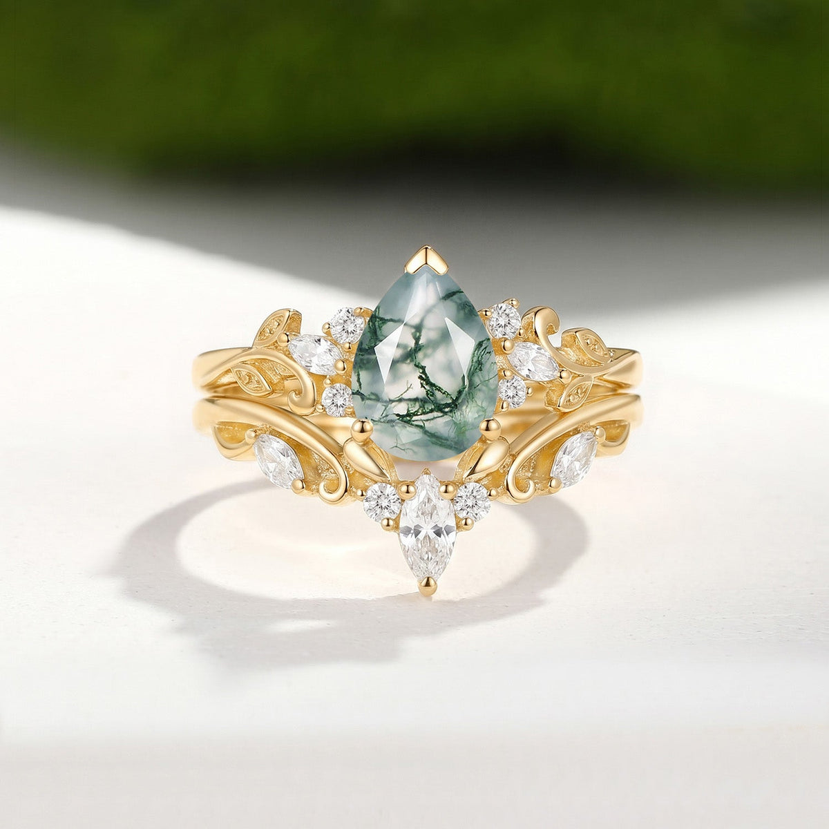 Pear Cut Moss Agate Engagement Ring Set 2pcs - Senna