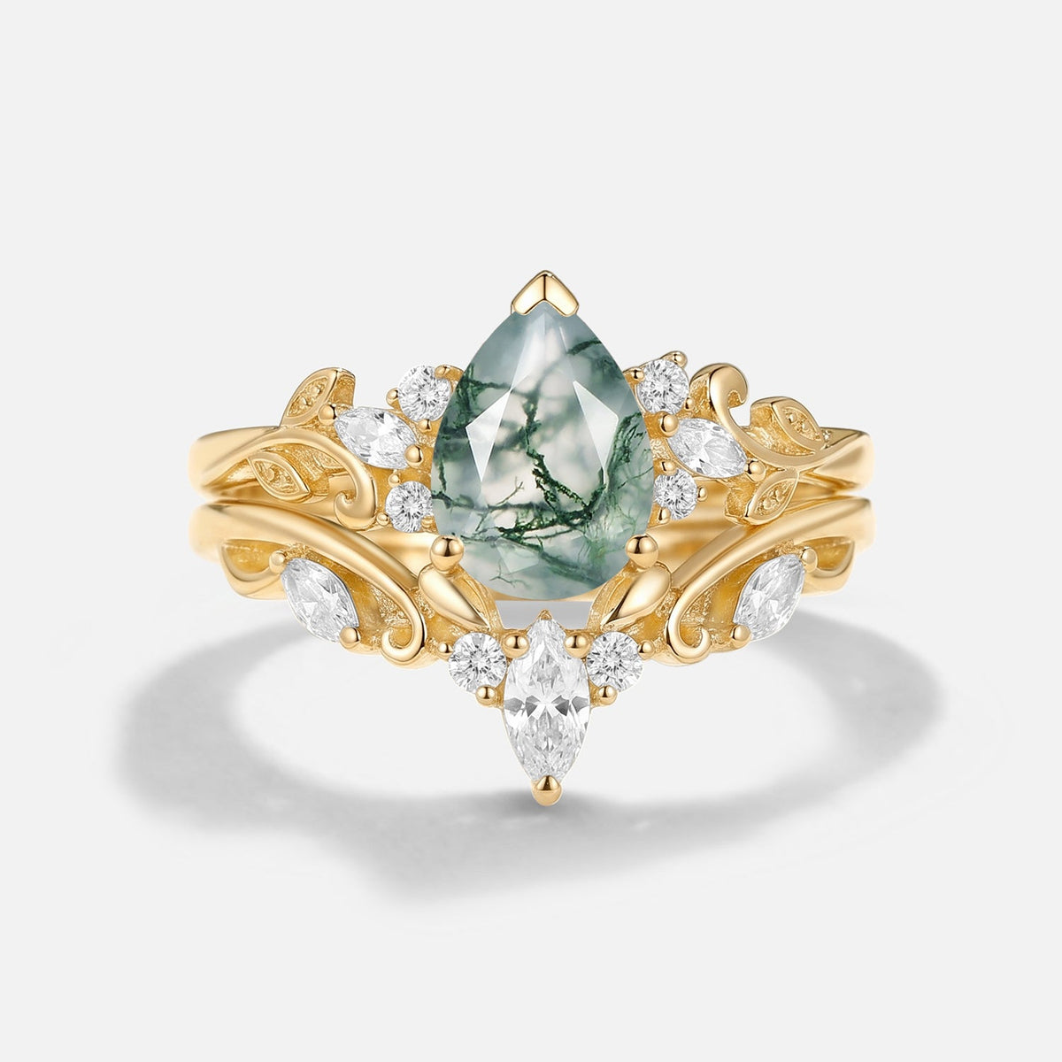 Pear Cut Moss Agate Engagement Ring Set 2pcs - Senna