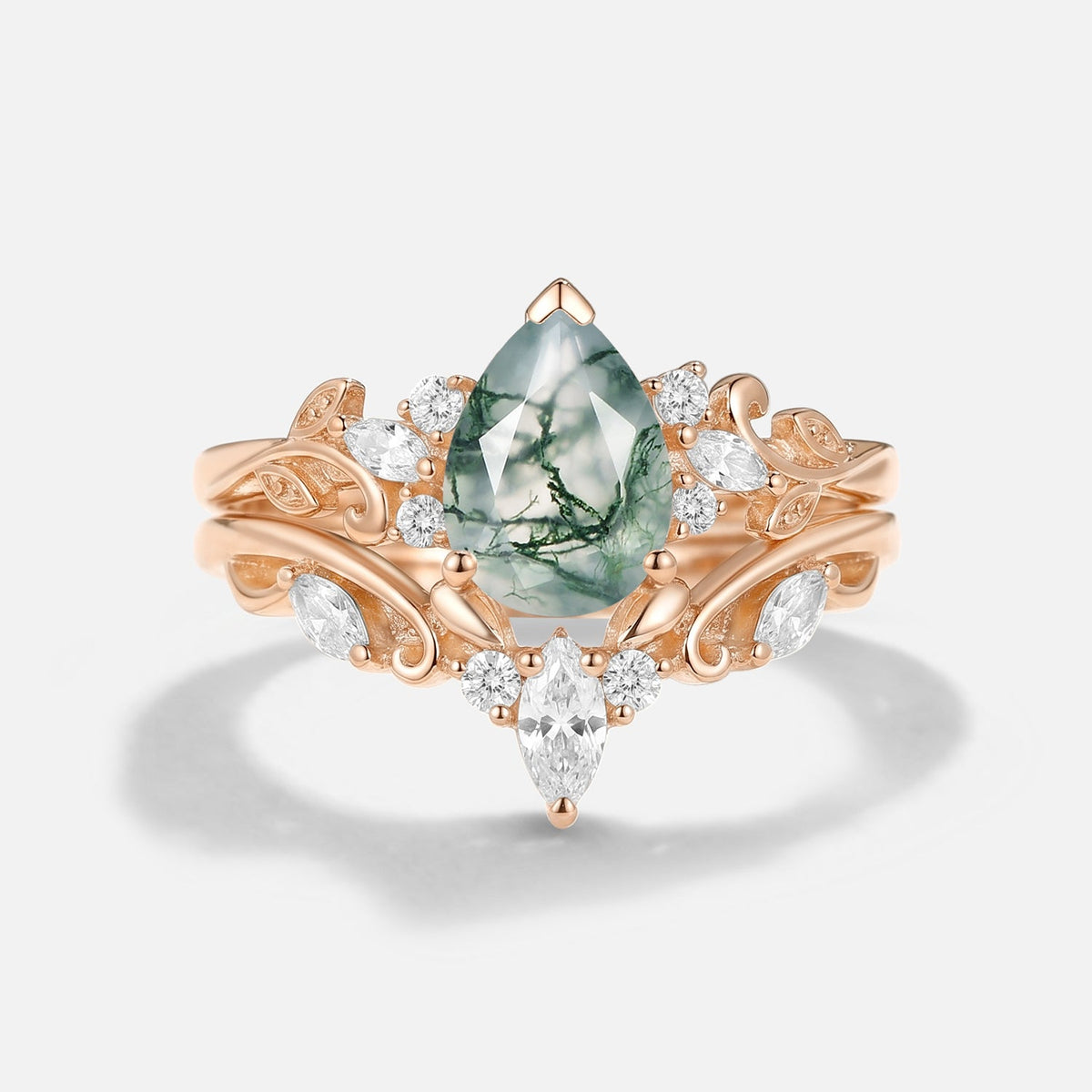 Pear Cut Moss Agate Engagement Ring Set 2pcs - Senna