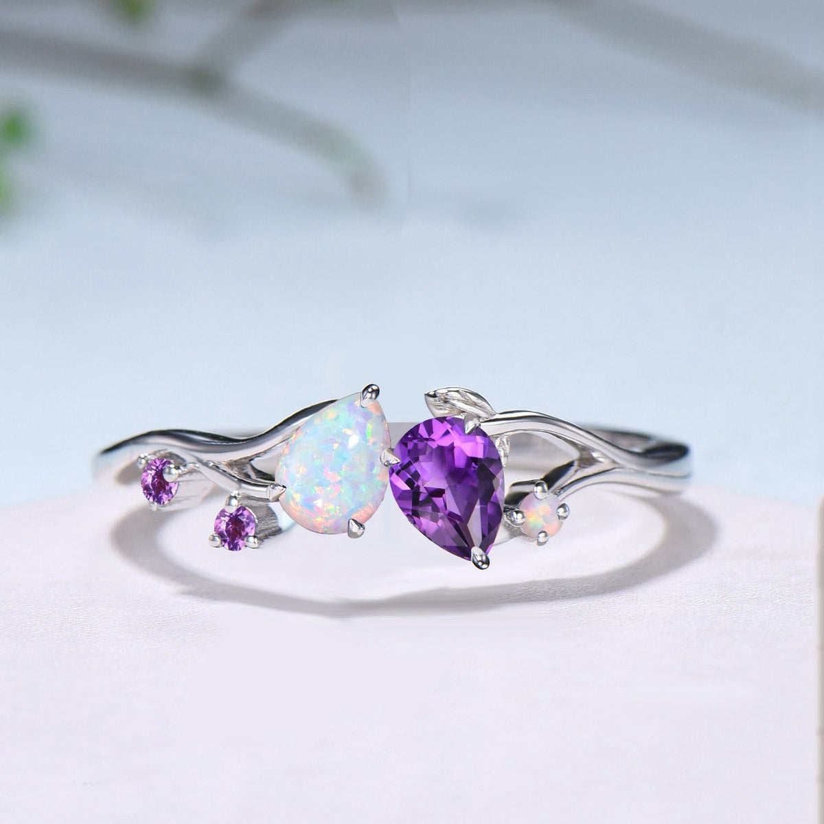 Toi et Moi Opal Amethyst Engagement Ring | Nature Inspired Vine Band