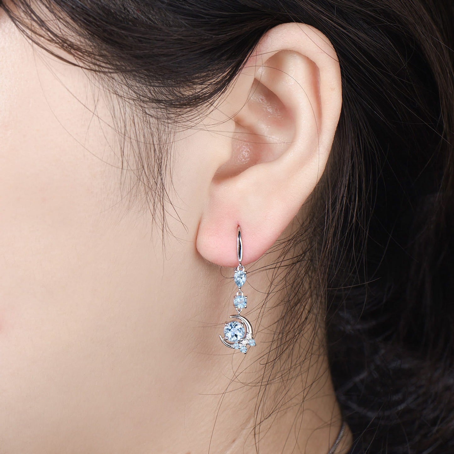Elegant Natural Aquamarine Earrings, Crescent Moon Drop Earrings, Vintage March Birthstone Earrings, Unique Birthday Jewelry Gift for Women