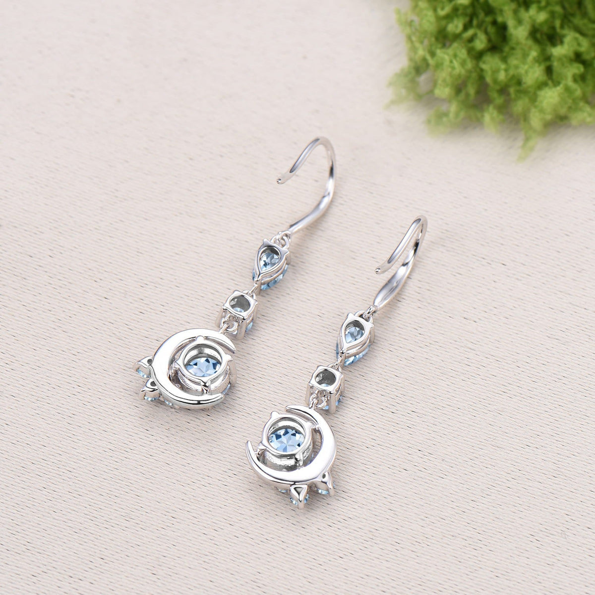 Elegant Natural Aquamarine Earrings, Crescent Moon Drop Earrings, Vintage March Birthstone Earrings, Unique Birthday Jewelry Gift for Women