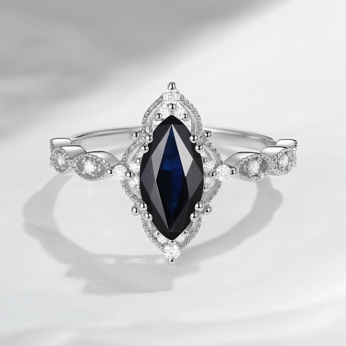 18K Unique Marquise Natural Black Sapphire Vintage Inspired Engagement Ring