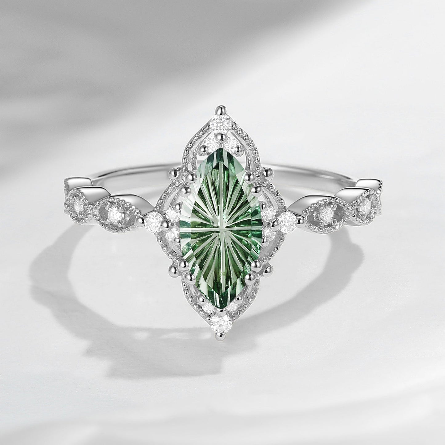 Fantasy Carved Lab Green Sapphire Marquise Vintage Inspired Engagement Ring