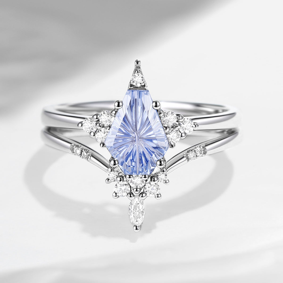 'Coffin Kite' - Fantasy Carved Coffin Lab Cornflower Sapphire Cluster Star Engagement Ring Set